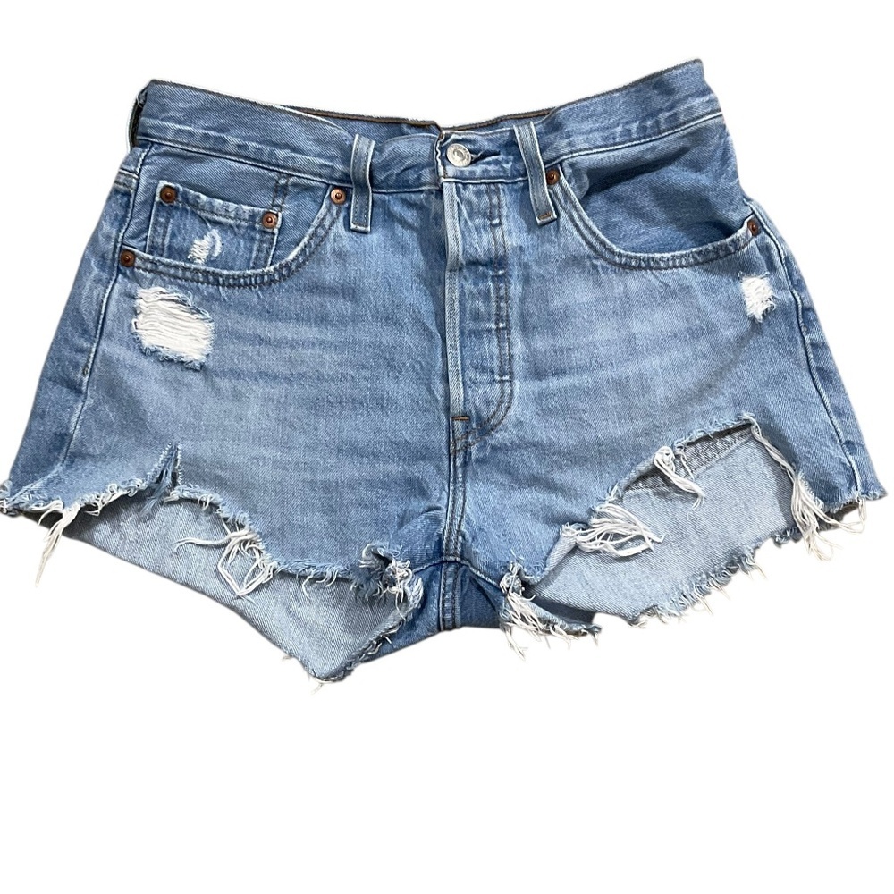 Levi’s 501 High Rise Distressed Denim Shorts size 28 Button Fly Blue